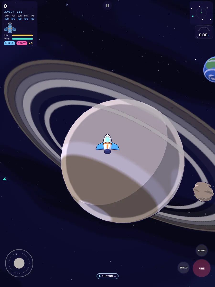 On iPad: the ship flies over a huge ringed planet, with a smaller ringed planet and a red moon nearby.